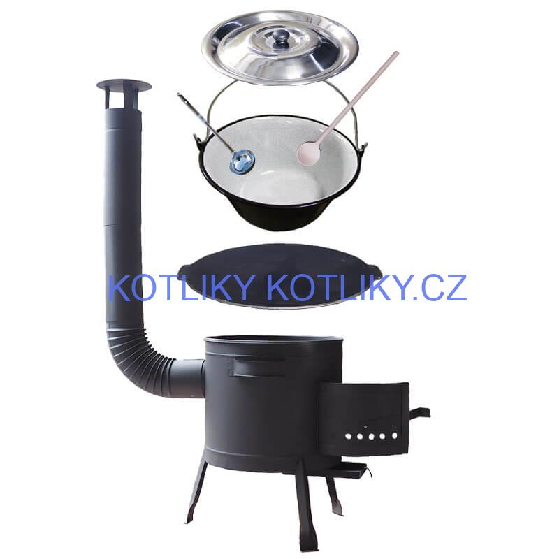 Smaltovaný kotlík 25 L + litinová pánev 45 cm + nízká žáruvzdorná kotlina 42 cm PLUS 600