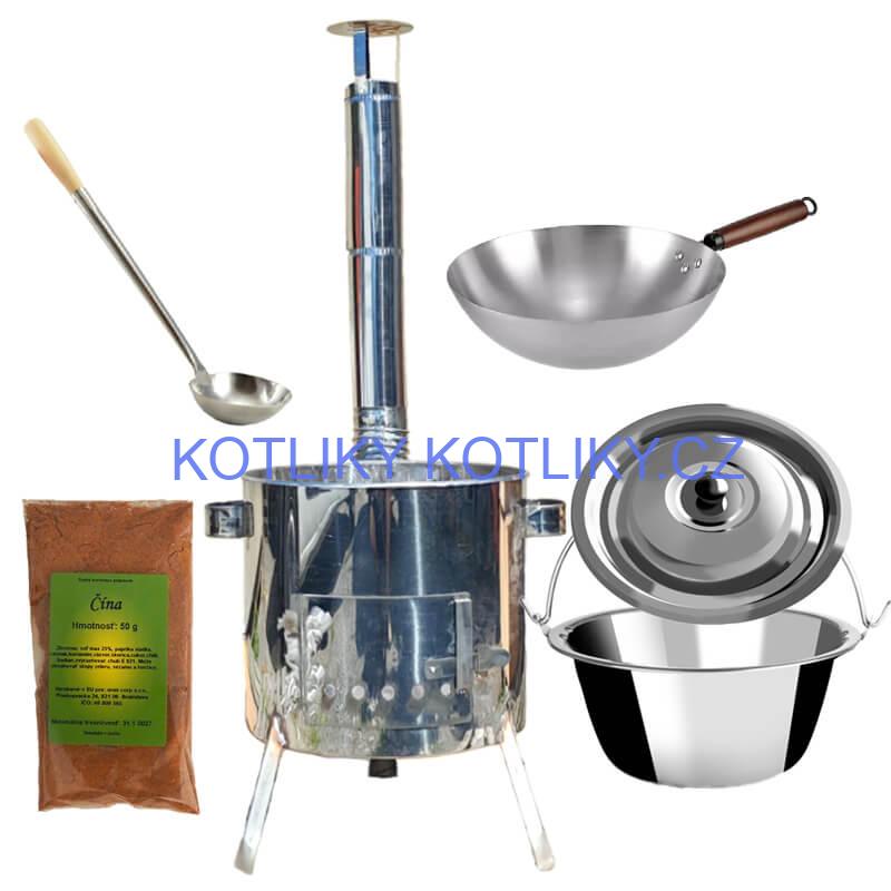 Nerezový kotlík 10 L (0,8 mm) + nerezová kotlina 31 INOX LUSTRO + Wok + koření 50 g