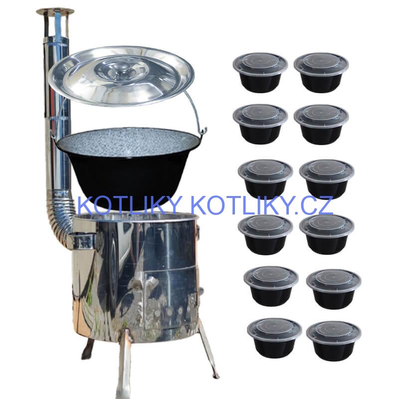 Smaltovaný kotlík 13 L + nerezová kotlina 36 INOX LUSTRO + misky 12 ks