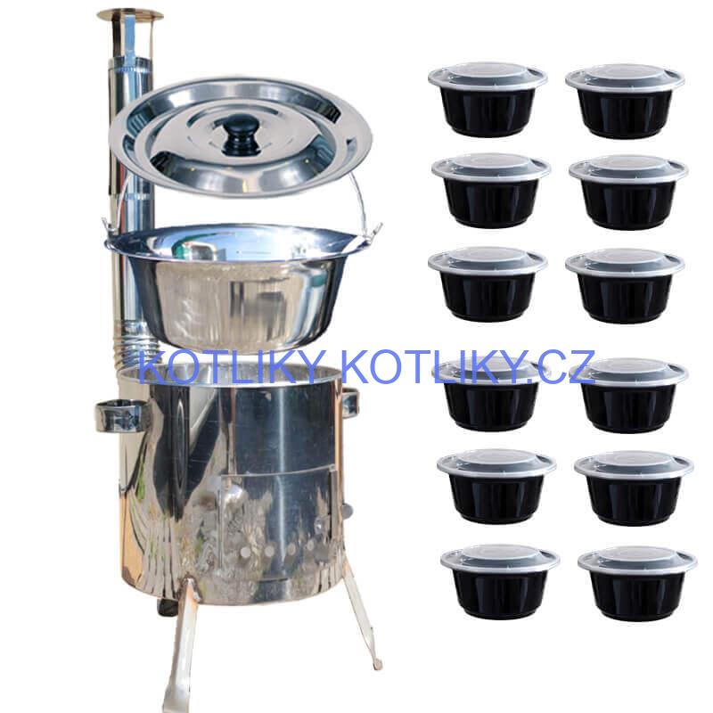 Nerezový kotlík 14 L (0,8 mm) INOX + Nerezová kotlina 36 INOX LUSTRO + misky 12 ks