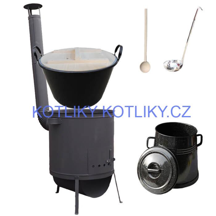 Smaltovaný kotel 100 L + žáruvzdorná kotlina 60 cm PLUS 600 + Nádoba na sádlo 10 L