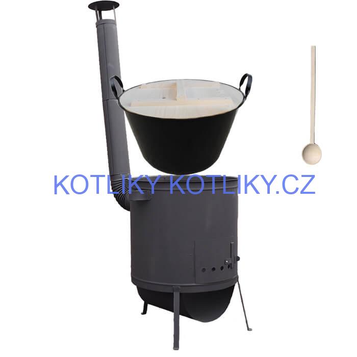 Zabijačkový smaltovaný kotel 100 L, žáruvzdorná kotlina 42 PLUS 600 4 MM, dřevěná poklice + vařečka