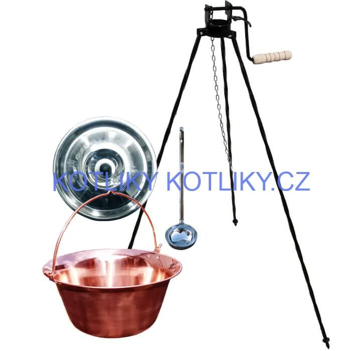 Měděný kotlík 14 L (1,2 mm) + poklice + stojan s kladkou VAR