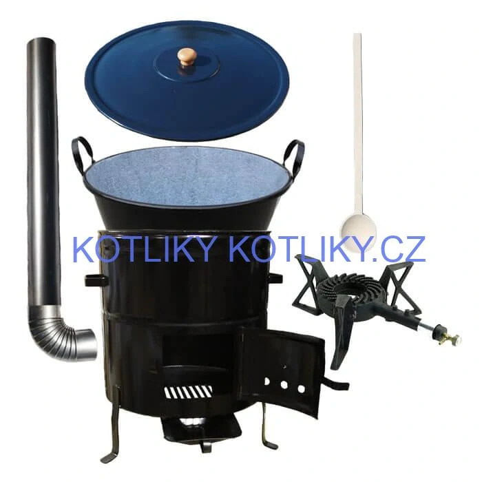 Zabijačkový smaltovaný kotel 50 L + kovová kotlina 50 cm + hořák 7 kW + kouřovod