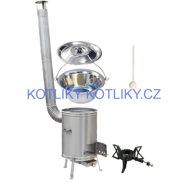 Nerezový kotlík 10 L (1,2 mm) + nerezová kotlina 36 cm + litinový hořák 7 kW, vařečka LUX