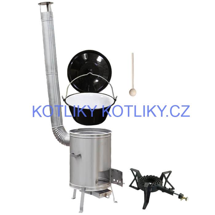 Smaltovaný kotlík 13 L (1,2 mm) + nerezová kotlina 36 cm + litinový hořák 7 kW, vařečka LUX