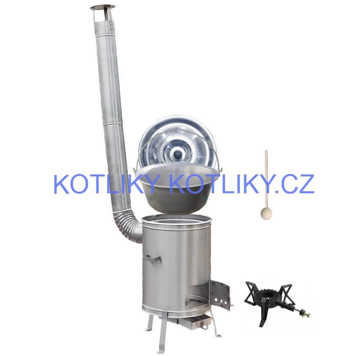 Nerezový kotlík 15 L (1,5 mm) + nerezová kotlina 36 cm + litinový hořák 7 kW, vařečka LUX