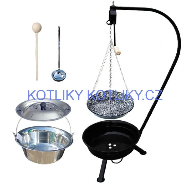 Nerezový kotlík 20 L (0,8 mm) INOX + smaltovaná pánev + ohniště se stojanem as pojistnou kladkou VAR