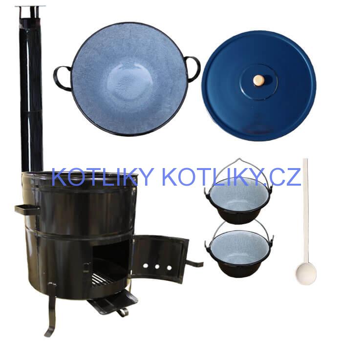 Zabijačkový smaltovaný kotel 80 L + kovová kotlina 58 cm + 2 servírovací kotlíky  a kouřovod