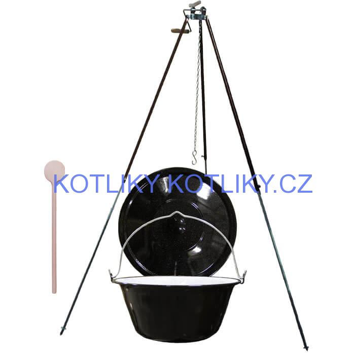 Smaltovaný kotlík 30 L (1,2 mm) + teleskopická trojnožka s pojistnou kladkou + poklice