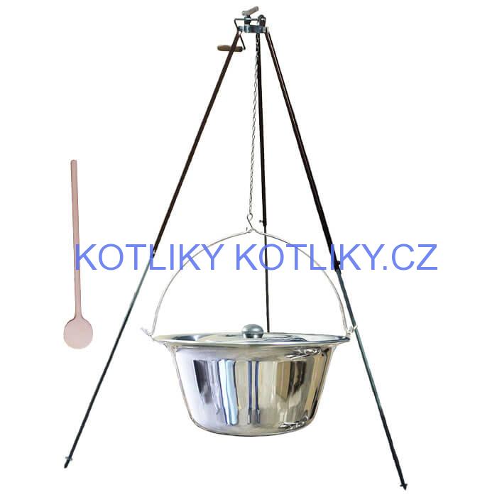 Nerezový kotlík 15 L (1,2 mm) + teleskopická trojnožka s pojistnou kladkou + poklice