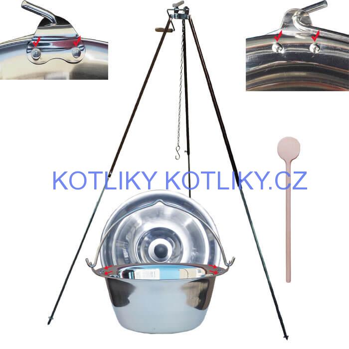Nerezový kotlík 30 L (0,8 mm) s nýty + teleskopická trojnožka s pojistnou kladkou + poklice