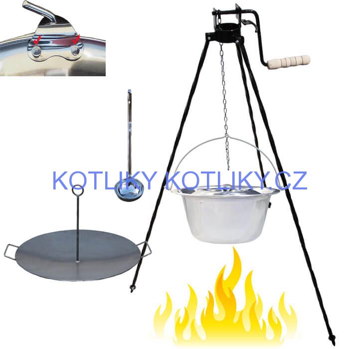 Nerezový kotlík 15 L (0,8 mm) s nýty + pánev na grilování a stojan s kladkou VAR