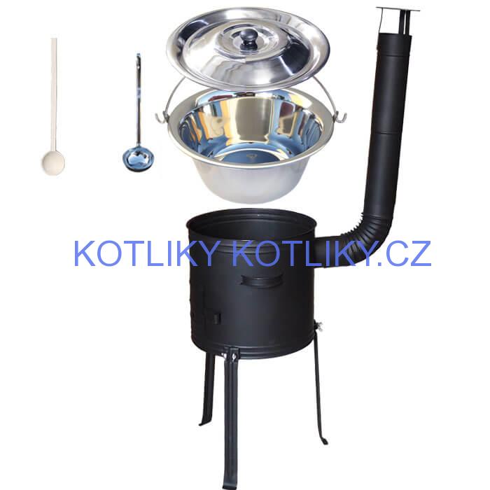 Nerezový kotlík 15 L (1,2 mm) + kovová kotlina s vysokými nožičkami 36 cm, žáruvzdorná barva Plus 700 + vařečka a naběračka