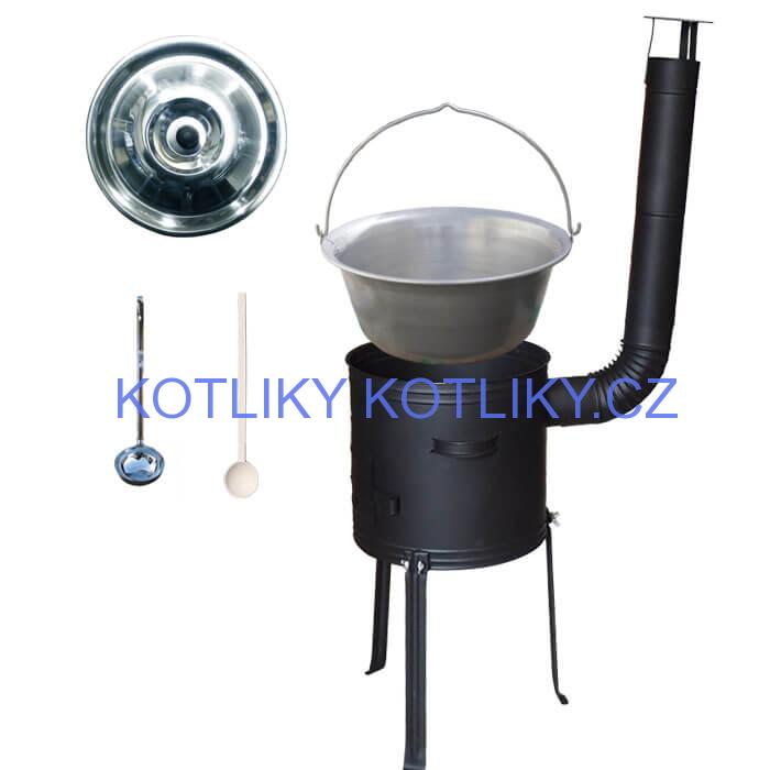 Nerezový kotlík 20 L (1,5 mm) + kovová kotlina s vysokými nožičkami 42 cm , žáruvzdorná barva Plus 700 + vařečka a naběračka