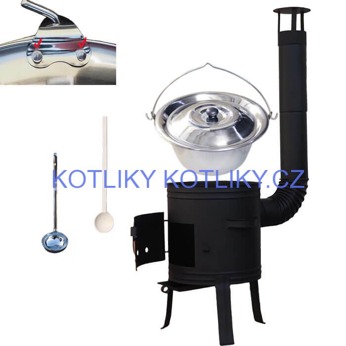 Nerezový kotlík 10 L (0,8 mm) s nýty + nízká žáruvzdorná kotlina 33 cm PLUS 700 + vařečka a naběračka