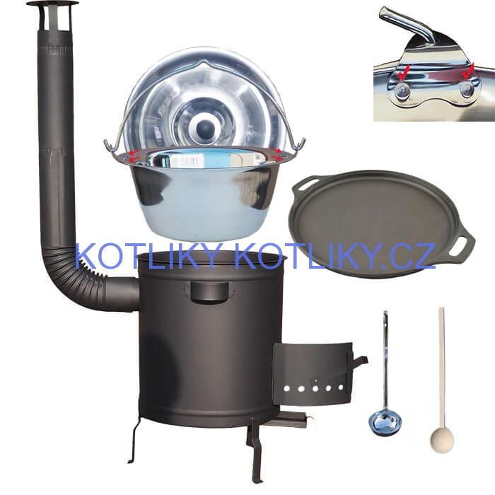 Nerezový kotlík 20 L (0,8 mm) zesílený s nýty + Litinová pánev 43 cm + silnostěnná (1,5 mm) a žáruvzdorná kotlina 42 PLUS 600