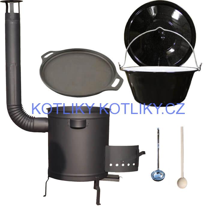 Smaltovaný kotlík 20 L (1,2 mm) + Litinová pánev 43 cm + silnostěnná (1,5 mm) a žáruvzdorná kotlina 42 PLUS 600
