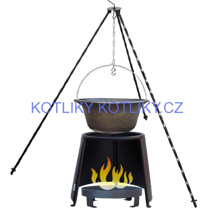 Litinový kotlík 10,8 L + chránič plamene 37 cm + ohniště 36 cm + trojnožka 1,2 m