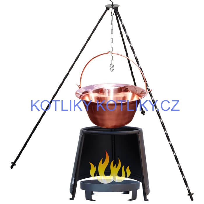 Měděný kotlík 10 L (1,2 mm) + chránič plamene 37 cm + ohniště 36 cm + trojnožka 1,2 m