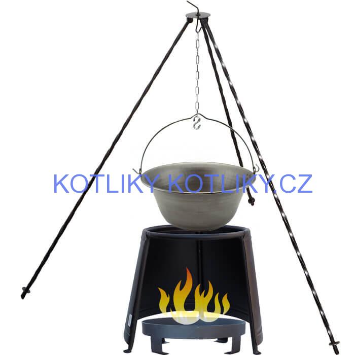 Železný kotlík 10 L (0,75 mm) + chránič plamene 37 cm + ohniště 36 cm + trojnožka 1,2 m