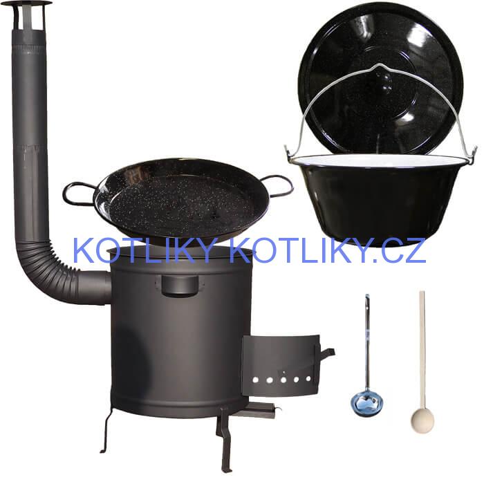 Smaltovaný kotlík 13 L (1,2 mm) + Paella pánev 38 cm + silnostěnná (1,5 mm) žáruvzdorná kotlina (1,5 mm) 36 PLUS 600