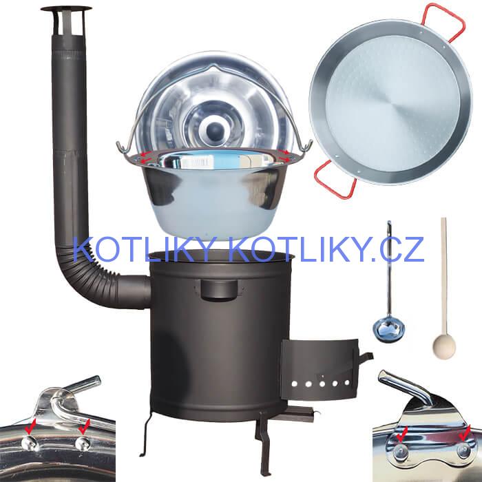 Nerezový kotlík 15 L (0,8 mm) zesílený s nýty + Paella pánev 38 cm + silnostěnná (1,5 mm) žáruvzdorná kotlina 36 PLUS 600