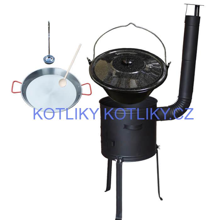 Smaltovaný kotlík 20 L + Paella pánev 46 cm + kovová kotlina s vysokými nožičkami 42 cm, žáruvzdorná barva Plus 700