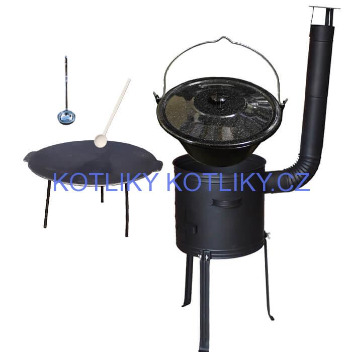 Smaltovaný kotlík 25 L + Litinová pánev 45 cm + kovová kotlina s vysokými nožičkami 42 cm, žáruvzdorná barva Plus 700