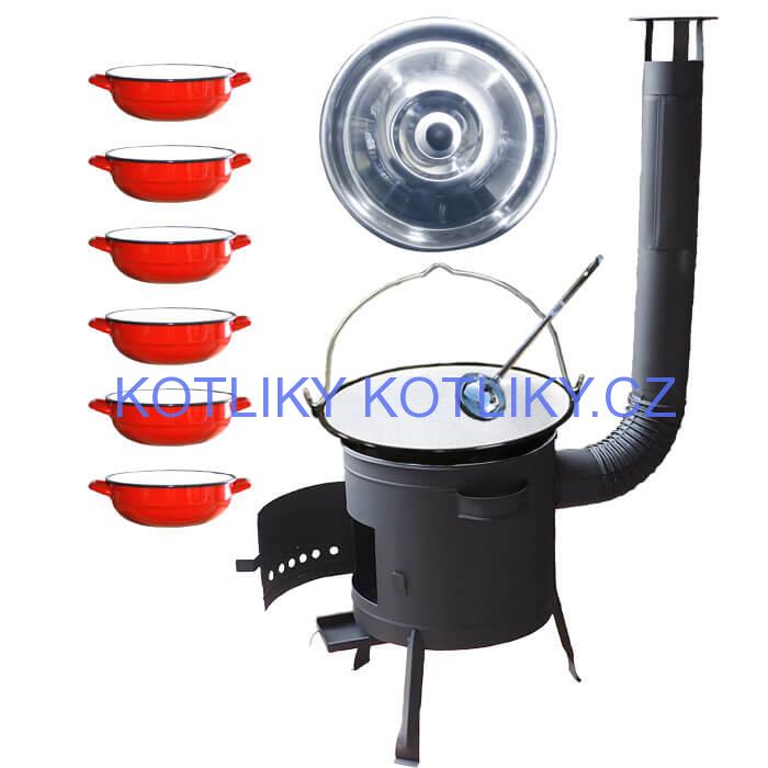 Smaltovaný kotlík 20 L + selské misky 6 ks + nízká žáruvzdorná kotlina 42 cm PLUS 600