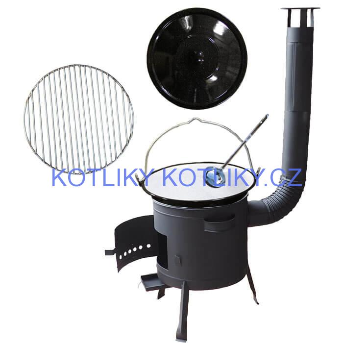 Smaltovaný kotlík 20 L + Nerezový rošt 45 cm + nízká žáruvzdorná kotlina 42 cm PLUS 600
