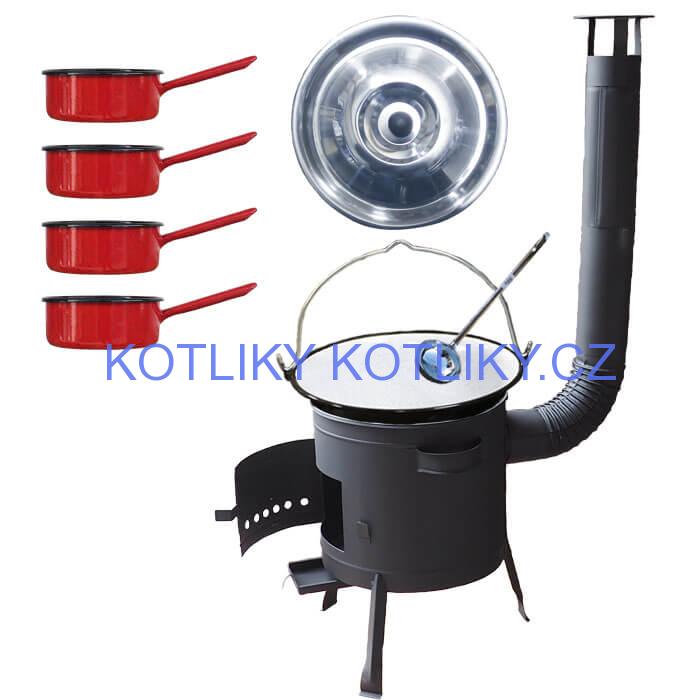 Smaltovaný kotlík 20 L + smaltovaný rendlík 4 ks + nízká žáruvzdorná kotlina 42 cm PLUS 600
