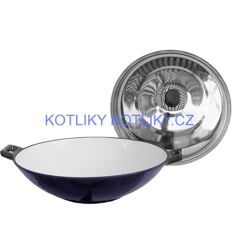Litinový wok – smaltovaný povrch 37 cm + nerezová poklice