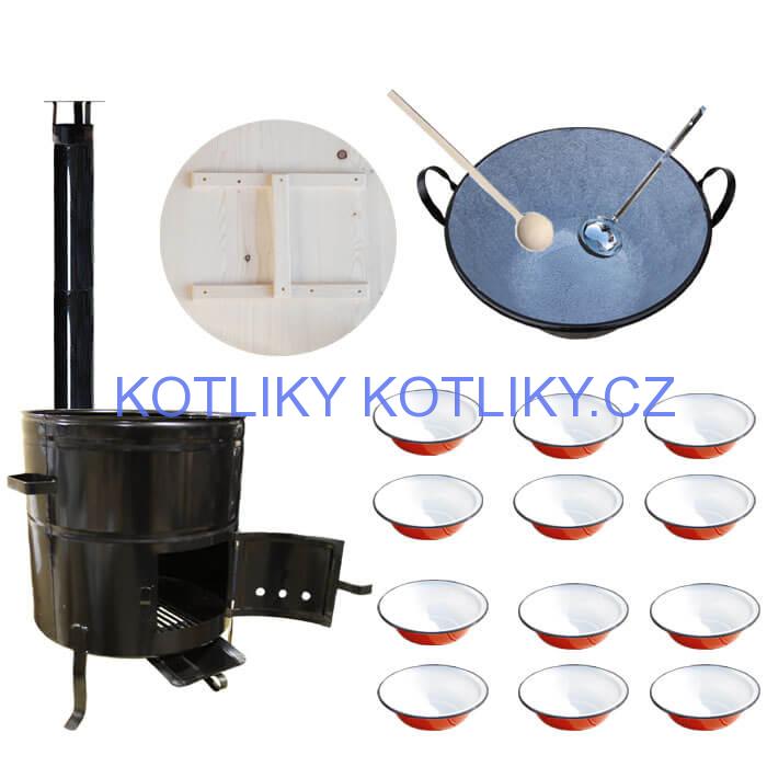 Smaltovaný kotel 100 L + smaltované talíře 12 ks vařečka a naběračka BIG PARTY