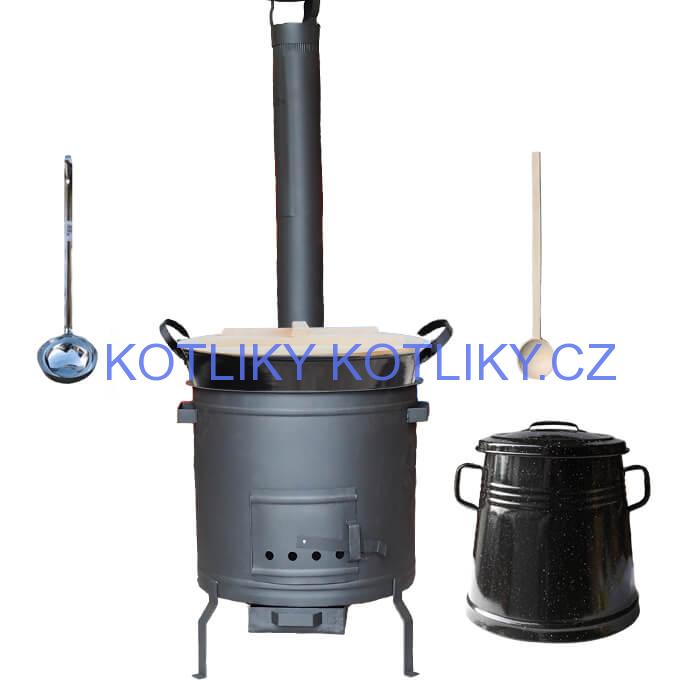 Smaltovaný kotel 100 L + žáruvzdorná kotlina 60 cm PLUS 600 + Nádoba na sádlo 10 L