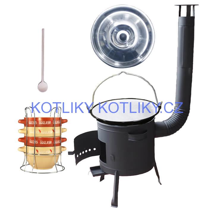Smaltovaný kotlík 22 L (1,2 mm) + misky na guláš 4 ks + nízká žáruvzdorná kotlina 42 PLUS 600