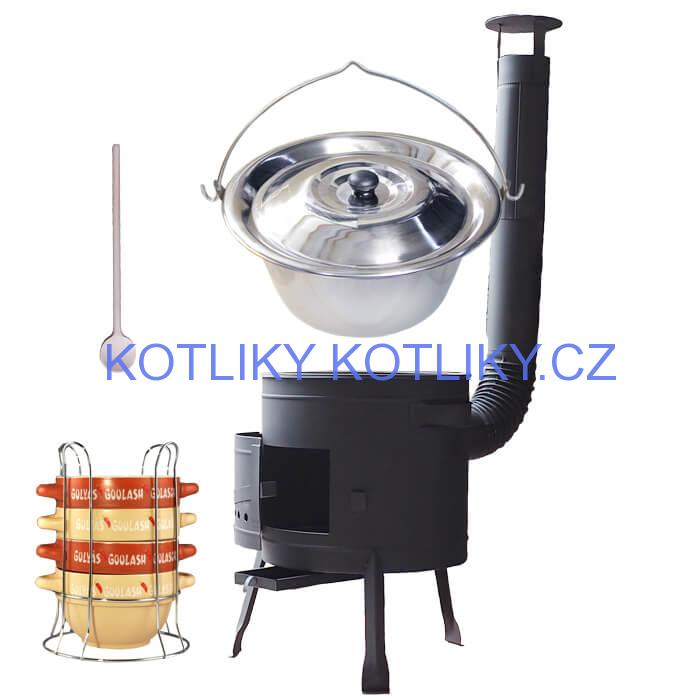 Nerezový kotlík 22 L (0,8 mm) INOX + misky na guláš 4 ks + nízká žáruvzdorná kotlina 42 PLUS 600
