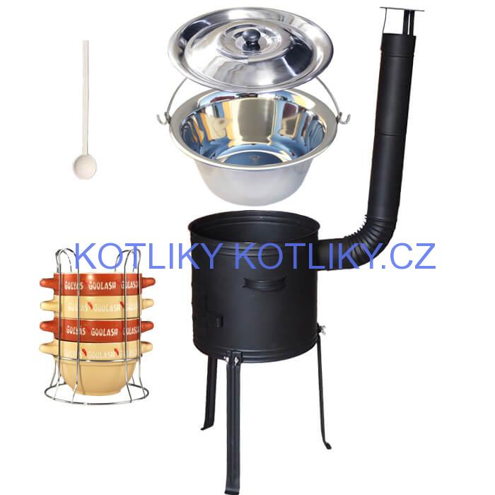 Nerezový kotlík 22 L (0,8 mm) INOX + misky na guláš 4 ks + nízká žáruvzdorná kotlina 42 PLUS 700