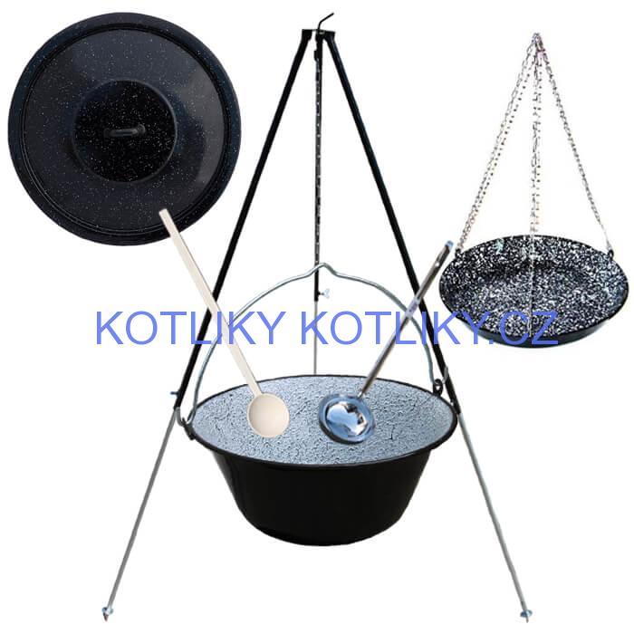 Smaltovaný kotlík 30 L + pánev na grilování + teleskopická trojnožka