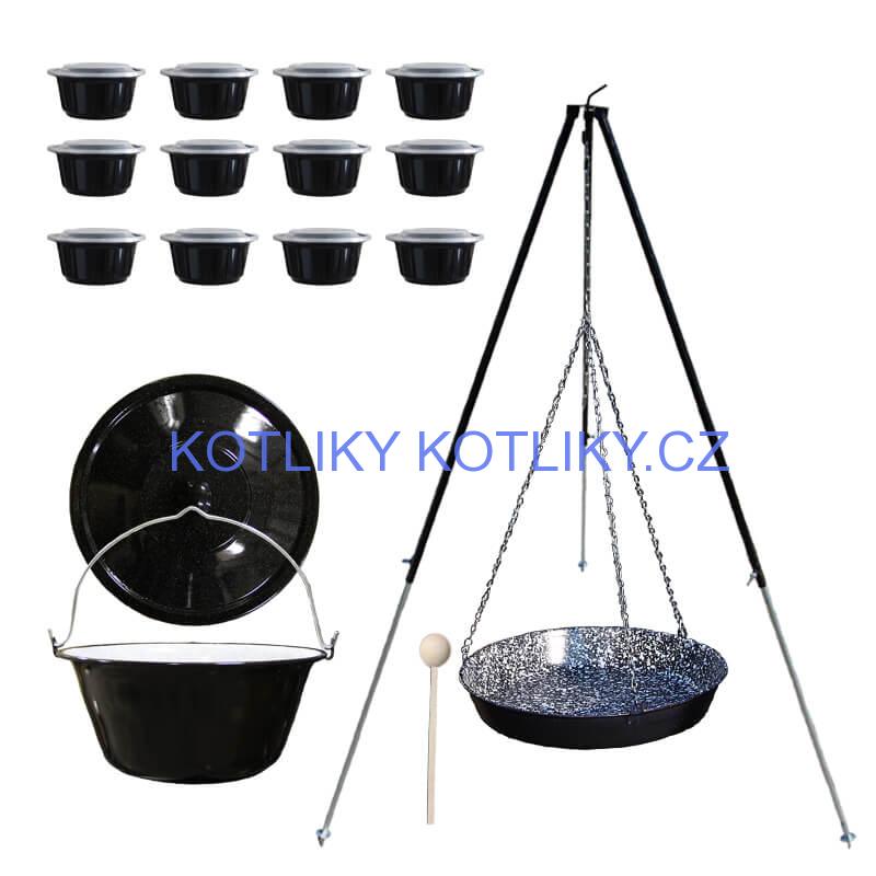 Smaltovaný kotlík 30 L + pánev na grilování + teleskopická trojnožka + misky 12 ks