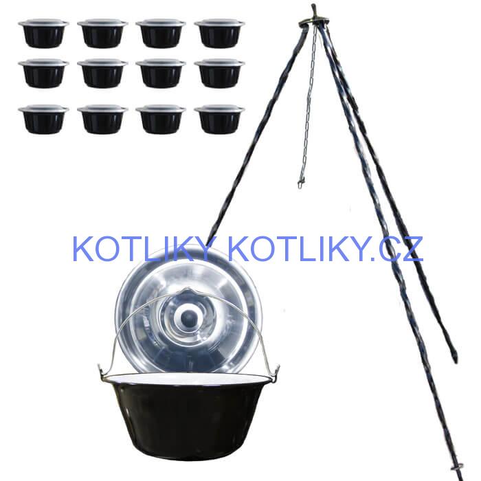 Smaltovaný kotlík 10 L (1,2 mm) + nerezová poklice + trojnožka 1,20 m + misky 12 ks