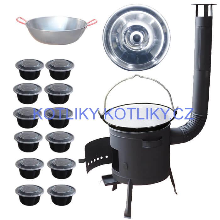 Smaltovaný kotlík 22 L + Pánev PAELLA (WOK) 45 cm + misky 12 ks + nízká kotlina 42 PLUS 600