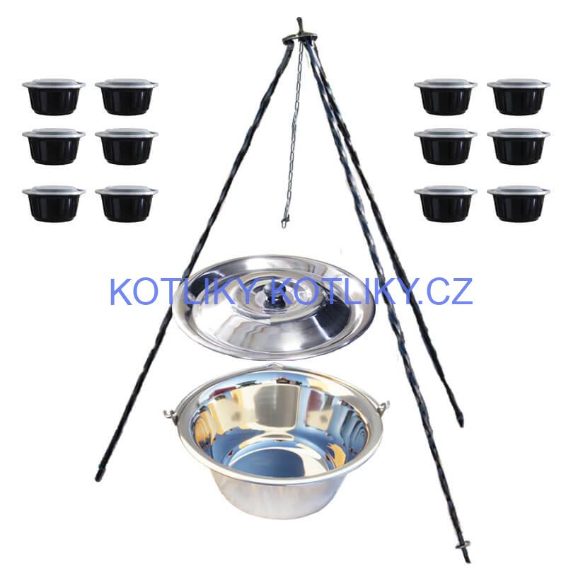 Nerezový kotlík 14 L (0,8 mm) INOX + poklice + trojnožka 1,20 m + misky 12 ks
