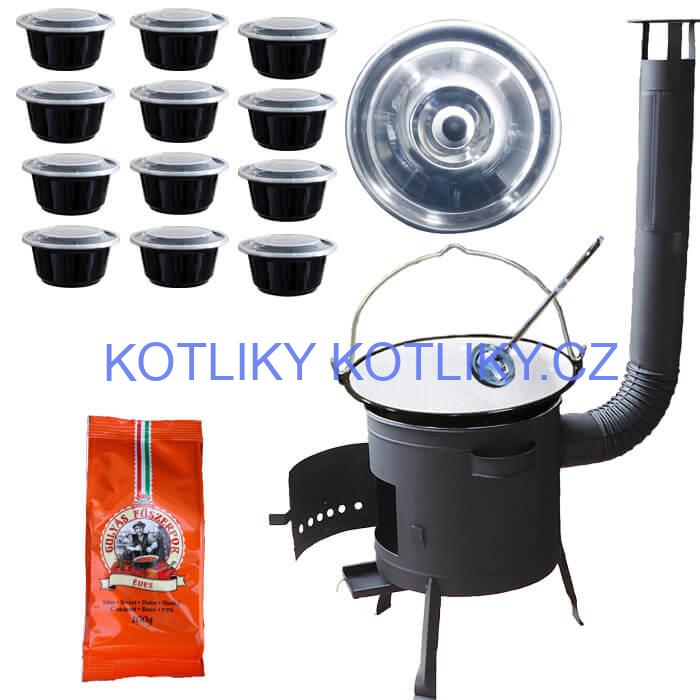 Smaltovaný kotlík 25 L (1,2 mm) + poklice + misky 12 ks + nízká žáruvzdorná kotlina (0,8 mm) 42 PLUS 600