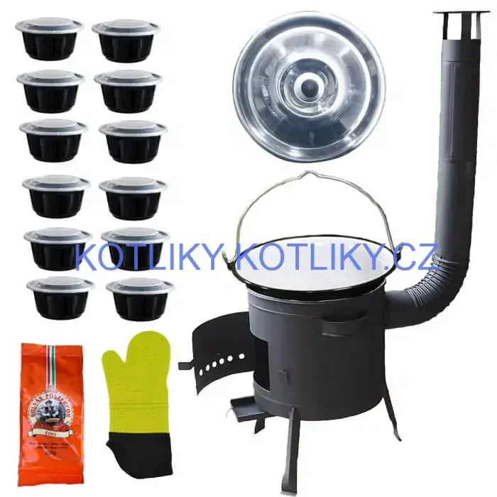 Smaltovaný kotlík 22 L (1,2 mm) + misky 12 ks + nízká žáruvzdorná kotlina (0,8 mm) 42 PLUS 600