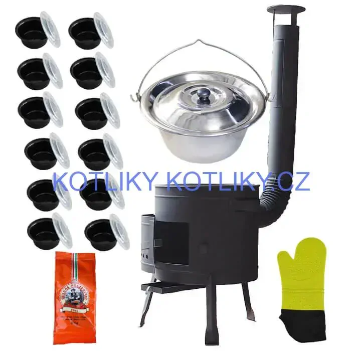 Nerezový kotlík 22 L (0,8 mm) + misky 12 ks + nízká žáruvzdorná kotlina (1,5 mm) 42 PLUS 600