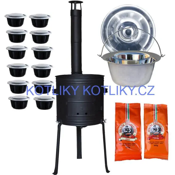 Nerezový kotlík 22 L (0,8 mm) INOX + žáruvzdorná kotlina 42 cm Plus 700 + misky 12 ks + 2 x pepř na guláš 100 g