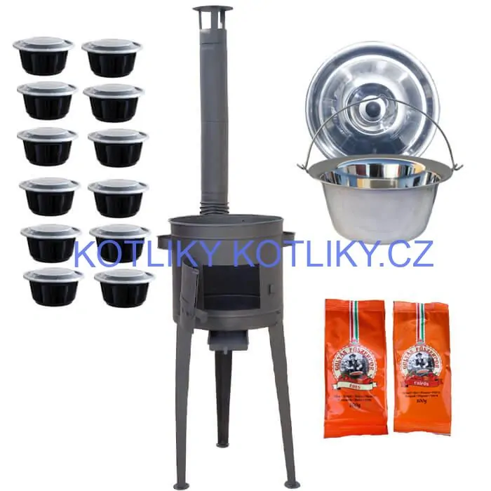 Nerezový kotlík 22 L (0,8 mm) INOX + vysoká žáruvzdorná kotlina 42 cm PLUS 600 + misky 12 ks + 2 x pepř na guláš 100 g