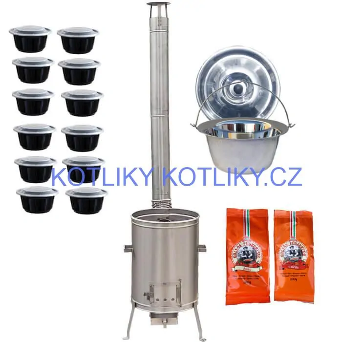 Nerezový kotlík 22 L (0,8 mm) INOX + nerezová kotlina 42 cm LUX + misky 12 ks + 2 x pepř na guláš 100 g