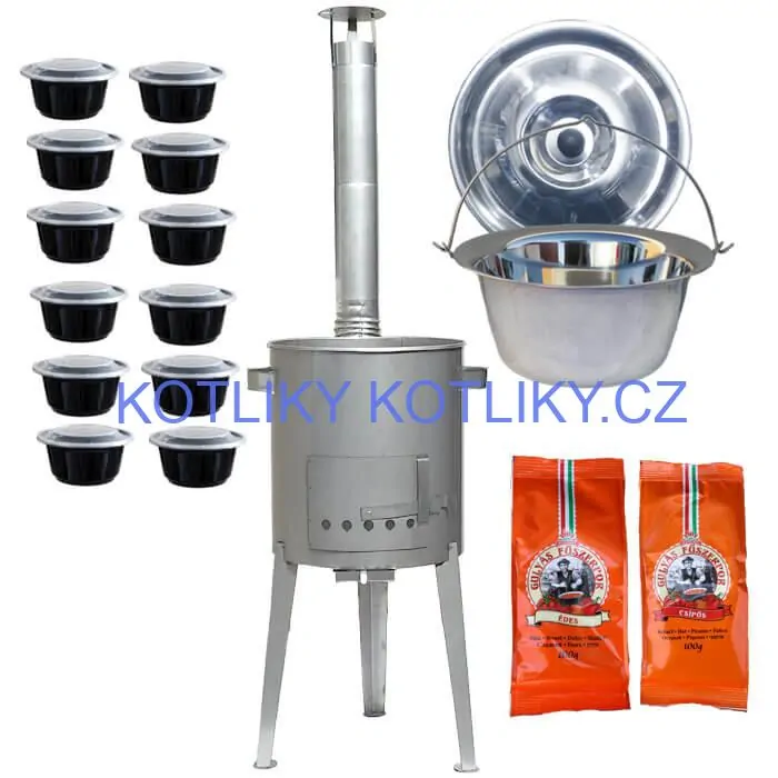 Nerezový kotlík 22 L (0,8 mm) INOX + nerezová kotlina 42 cm LUXUS + misky 12 ks + 2 x pepř na guláš 100 g